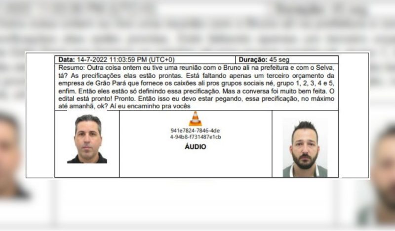 Conversa entre Jeferson Monteiro (e) e Thiago de Moraes (d), interceptada pelo MPSC, sobre a contratação de serviços funerários mediante licitação em Criciúma