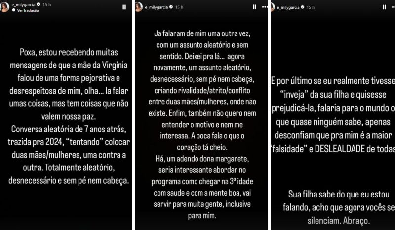 Emily Garcia usou os stories para rebater declarações da mãe de Virgínia Fonseca