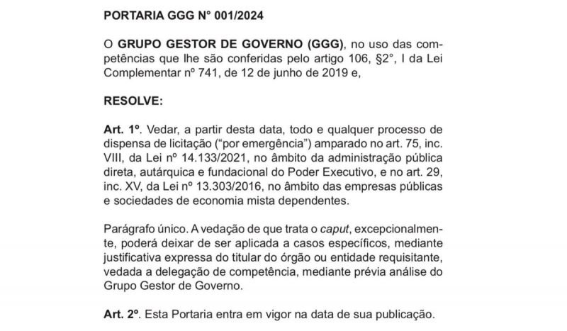 Portaria que proíbe contratações com dispensa de licitação entrou em vigor no dia 20 de setembro