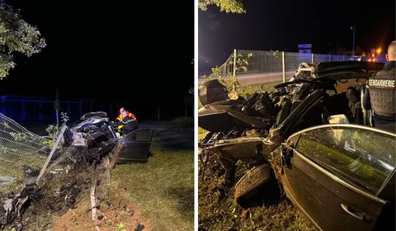 Fotomontagem com duas imagens; à esquerda, carro preto totalmente amassado e à direita o mesmo veículo visto mais de perto. um policial de costas, fardado está em pé ao lado do carro amassado. Carro é de grupo de brasileiros que morreu na França