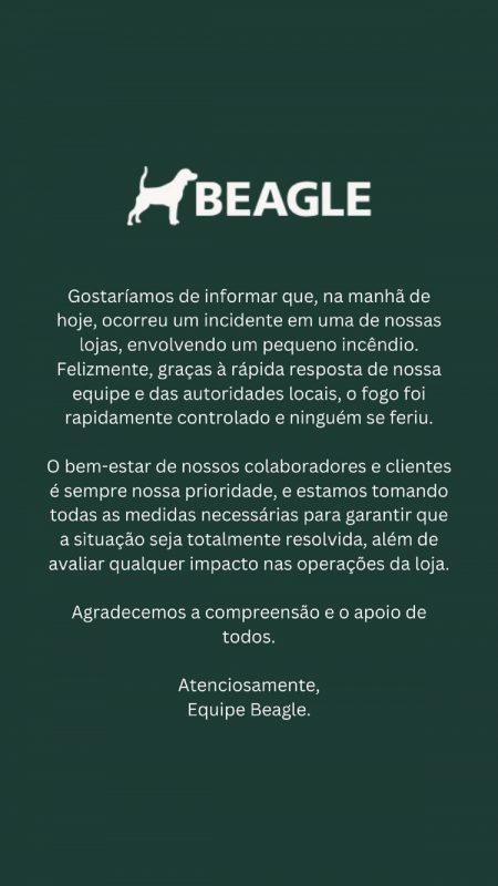 Nota oficial da empresa Beagle sobre o incêndio