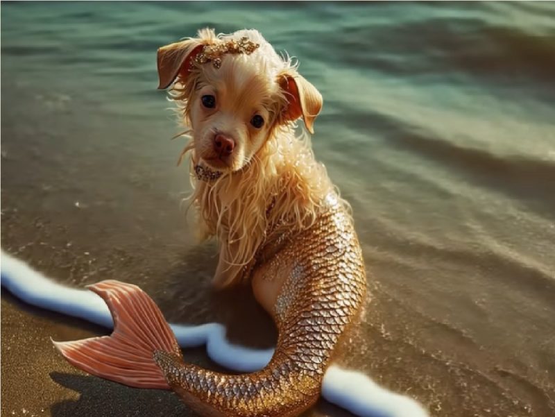 Imagens geradas por IA mostram filhotes de cachorro em forma de sereia 