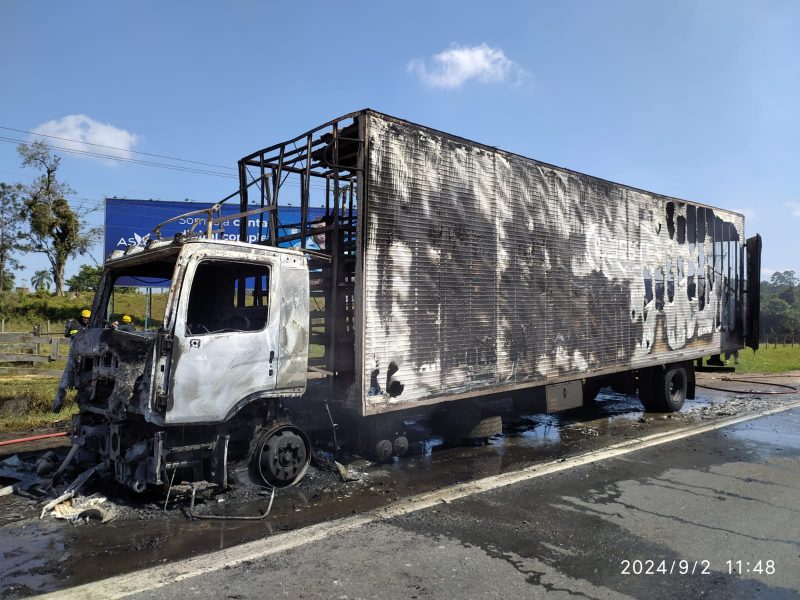 Caminh&atilde;o ficou destru&iacute;do ap&oacute;s inc&ecirc;ndio – Foto: PRF/Divulga&ccedil;&atilde;o/ND