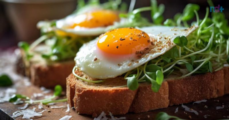 Torradas no café da manhã com ovos e salada verde 