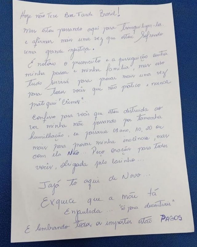 Carta de Deolane Bezerra sobre sua prisão nesta quarta-feira, em Pernambuco