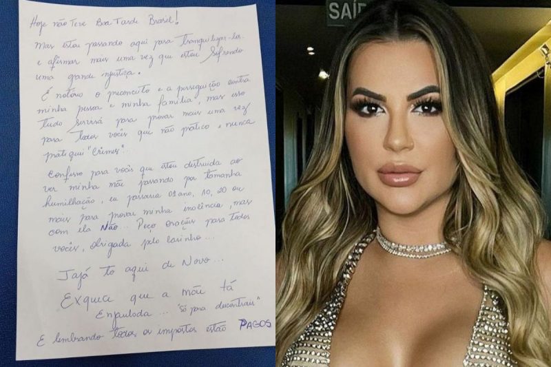 Carta escrita por Deolane Bezerra e em outra foto a própria Deolane Bezerra