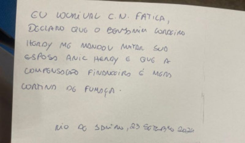 Carta escrita pelo ex-amante Ex-amante afirmou que mandante do crime foi o marido de Anic
