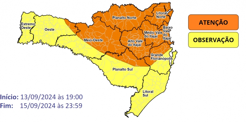 Mapa com risco de temporais