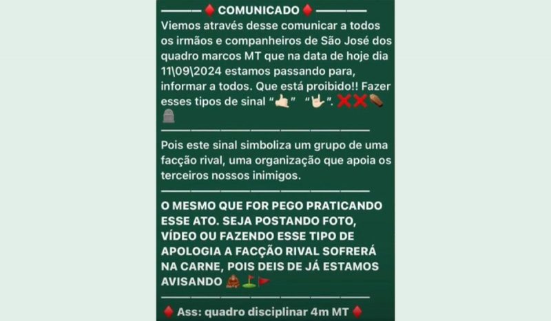 Comunicado da facção local era uma mensagem de Whatsapp