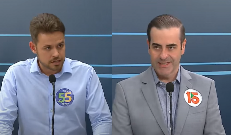 Candidatos à Prefeitura de Itajaí Osmar Teixeira e Carlos Chiodini durante debate do ND Mais