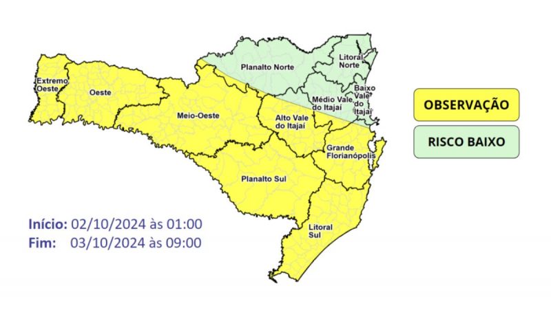 Áreas em amarelo devem ficar em alerta para eventuais riscos de alagamentos e enxurradas devido aos temporais