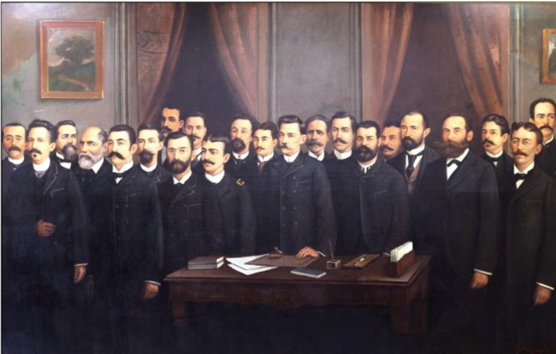 Reprodução do quadro com os 22 deputados da Constituinte de 1891, promulgada em 11 de junho de 1891. O quadro é do artista fluminense Galdino Guttmann Bicho (1888-1955). Consta que ele o pintou