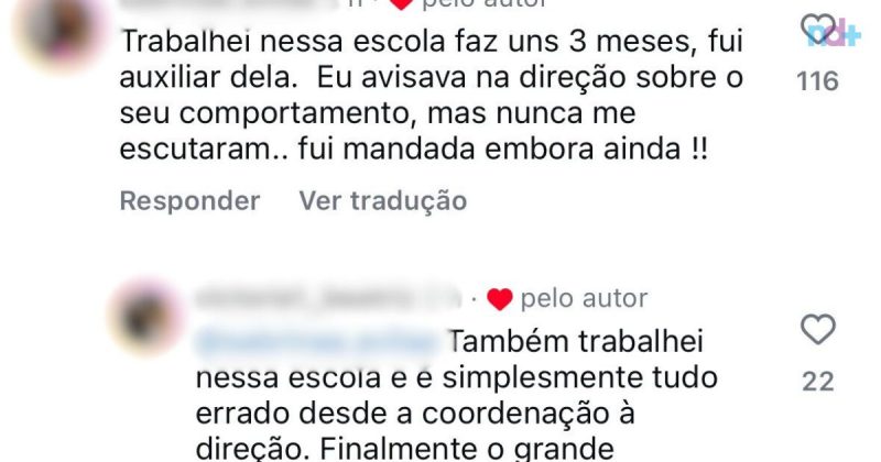 Imagem mostra comentários que afirmam que postura de profissional de creche era recorrente