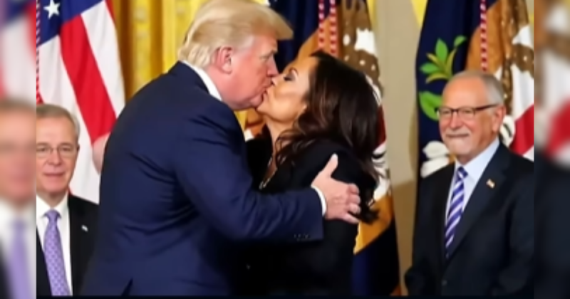 Imagem mostra cena de beijo entre Trump e Kamala