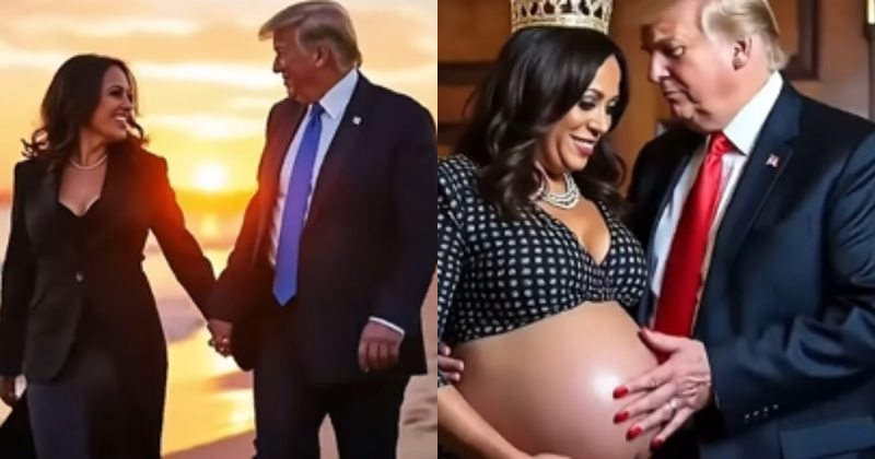 Imagem de Trump e Kamala andando em praia de mãos dadas e, em outra, Trump tocando em barriga de Kamala grávida