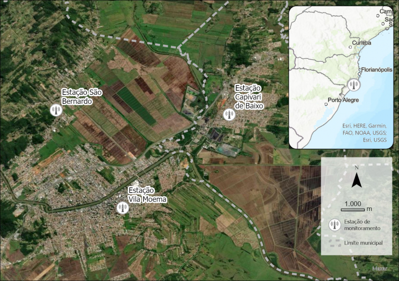 Mapa das estações de monitoramento da qualidade do ar em SC