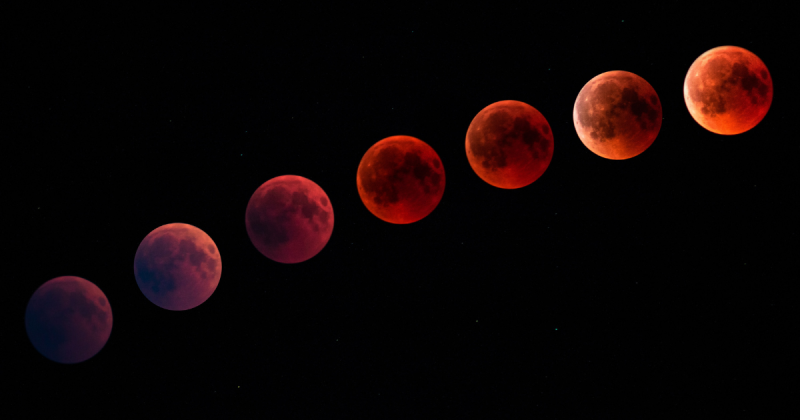 Imagem da Lua em diferentes fases do Eclipse Lunar Total 