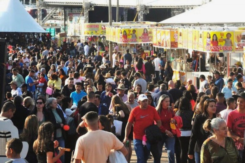 Foto de dezenas de pessoas andando pelas barraquinhas instaladas em área aberta do Parque Nacional da Maçã, durante a Festa Nacional da Maçã.
