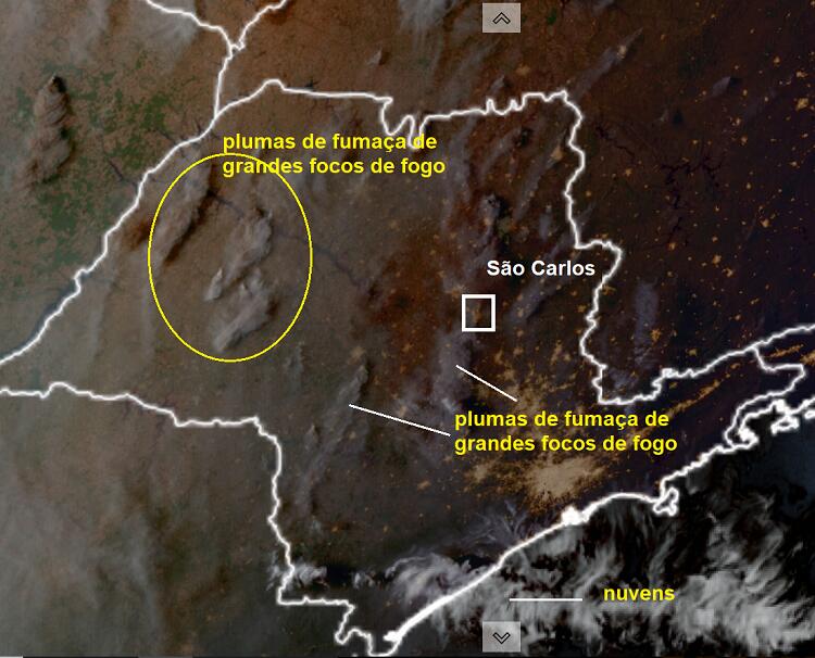 Imagens de satélite mostram fumaça das queimadas sobre o estado de São Paulo