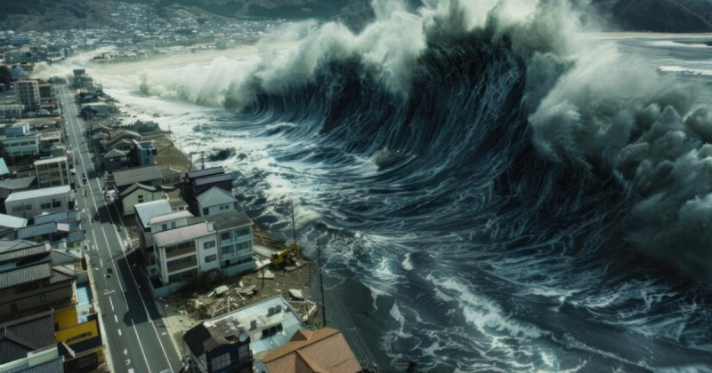 Imagem de tsunami atingindo cidade com prédios, casas e carros