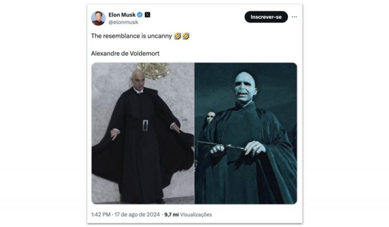 Reprodução de publicação de Elon Musk no X, com imagem comparando Alexandre de Moraes ao vilão Voldemort