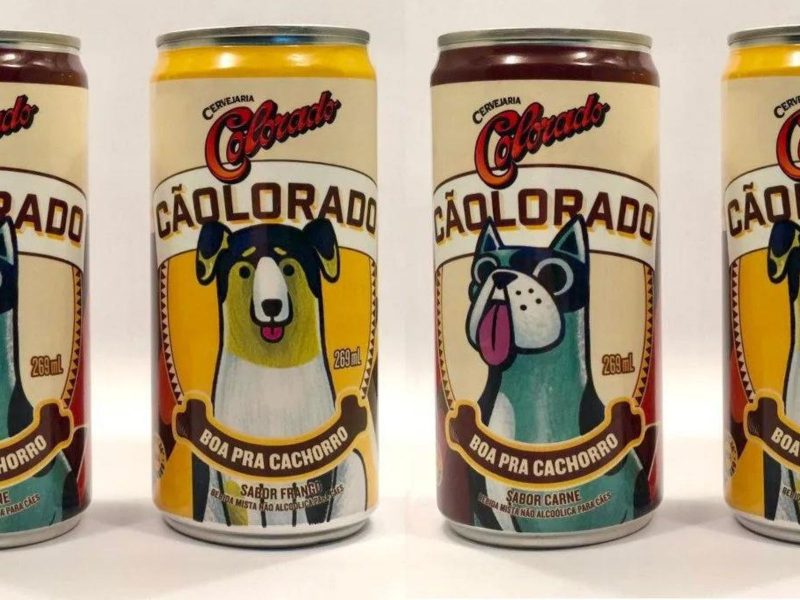 A imagem mostra latinhas de cerveja para cachorros 