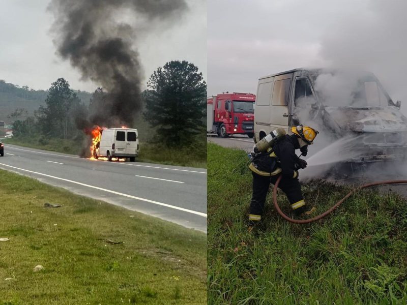 Imagem mostra registros da van pegando fogo na BR 470 e dos bombeiros contendo as chamas do incêndio.