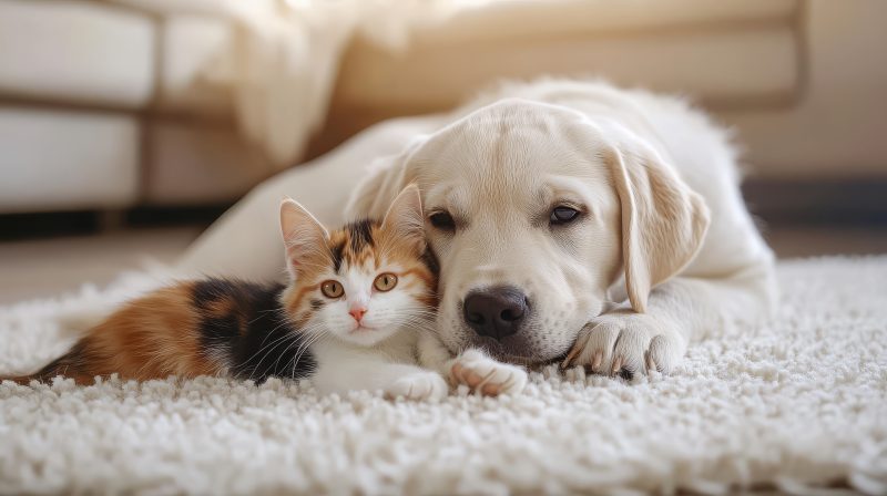 Cachorro e gato deitados em um tapete