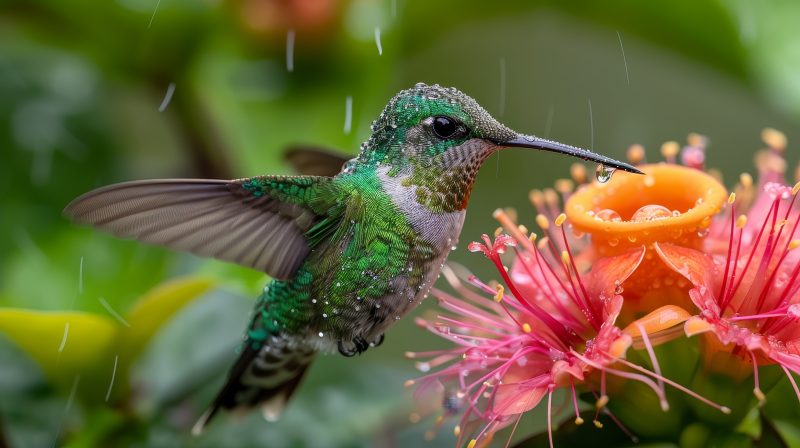 beija-flor em tons de verde e cinza em uma flor com o miolo laranja e rosa no meio da chuva 