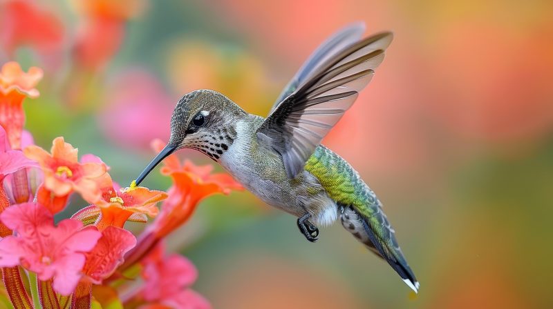 beija-flor cinza e tons de verde em algumas parte das costas em uma flor laranja