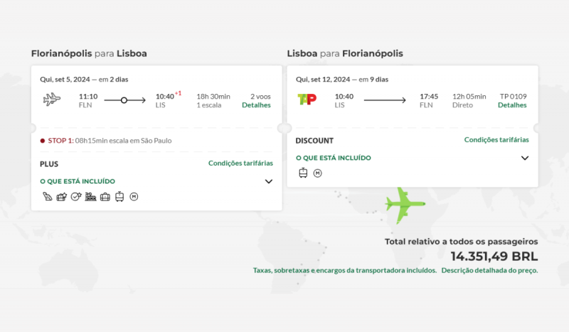 Captura de tela de simulação de voo de Florianópolis para Lisboa, no site da empresa TAP Air Portugal