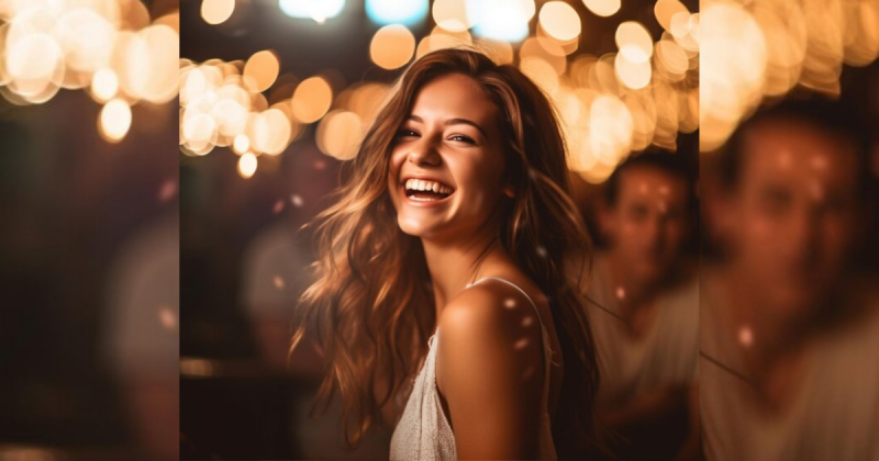 Mulher sorrindo à noite