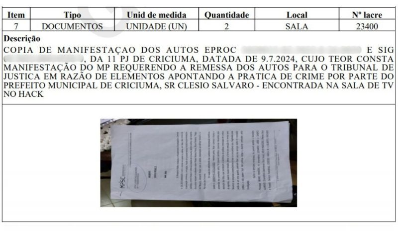 Documento sigiloso foi localizado na casa do prefeito de Criciúma, Clésio Salvaro