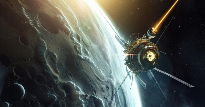 Sonda próxima de Lua no espaço