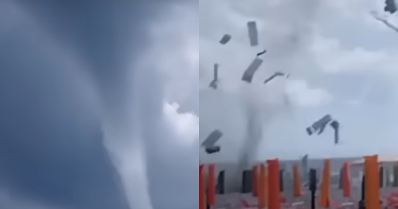 Imagem mostra o tornado e por outro lado as cadeiras voando