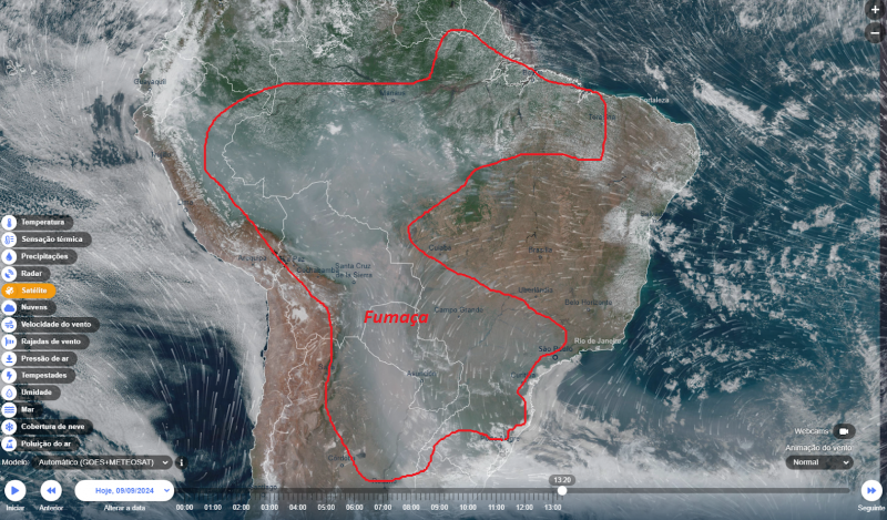 Imagem de satélite indica a presença de fumaça em parte da América do Sul, incluindo Santa Catarina