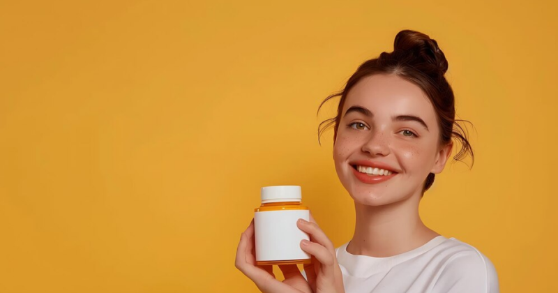 Mulher segurando vitamina e sorrindo