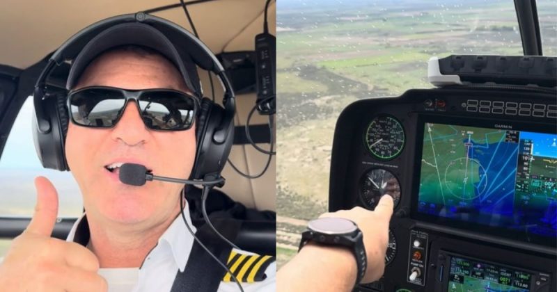 Imagem dividida entre André Borges de Freitas, piloto que encera a volta ao mundo de helicóptero, e a tela do helicóptero