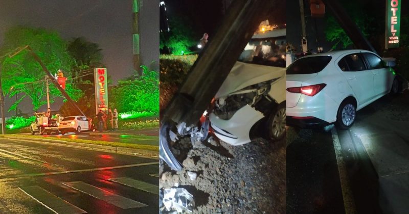 Carro colide contra poste em frente a motel e interdita avenida Santos Dumont &#8211; Foto: Montagem/ND