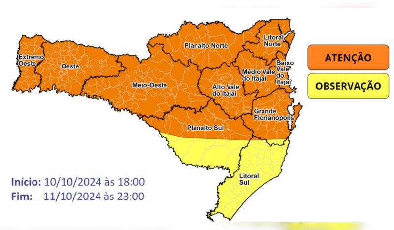 chegada de ciclone e frente fria gera alerta laranja da defesa civil, foto mostra mapa de sc dividido entre cores laranja e amarela, que representam "atenção" e "observação", respectivamente