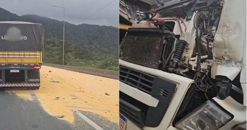 Acidente com três caminhões derrama carga na BR-376