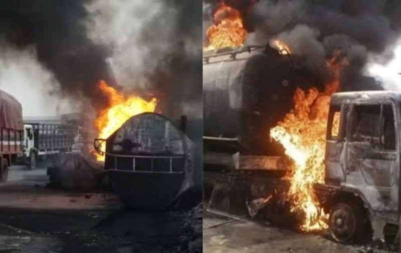 Caminhão-tanque em chamas em rodovia na Nigéria