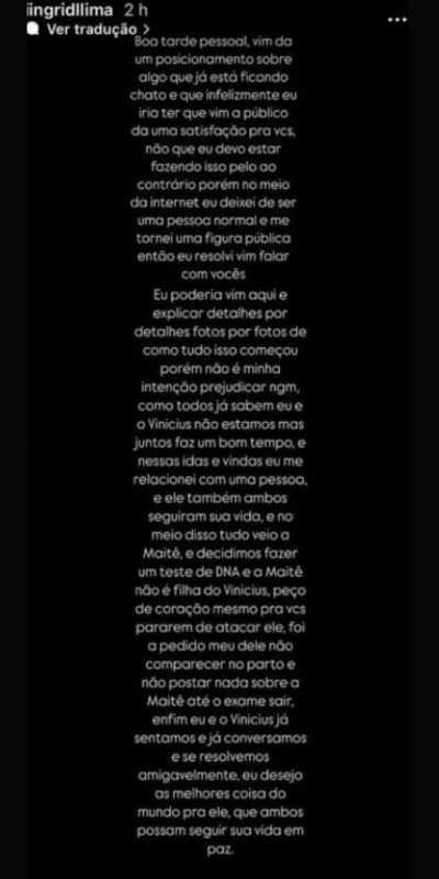 Comunicado de Ingrid Lima sobre exame de paternidade de ex-lateral do Real Madrid nos stories do seu perfil no Instagram