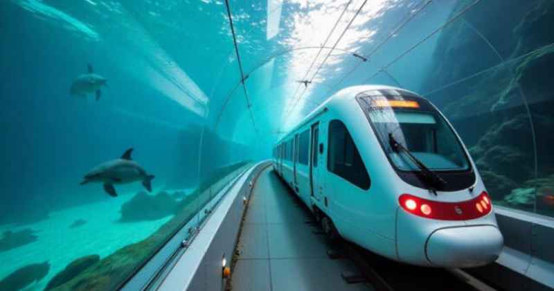 trem andando em túnel submarino e peixes aparecendo por trás