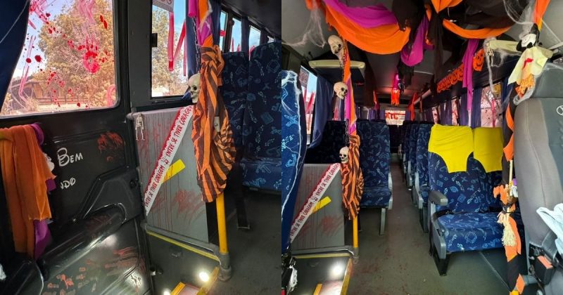 Decoração de Halloween em micro-ônibus