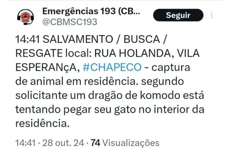 Acionamento do dragão-de-komodo em Chapecó 