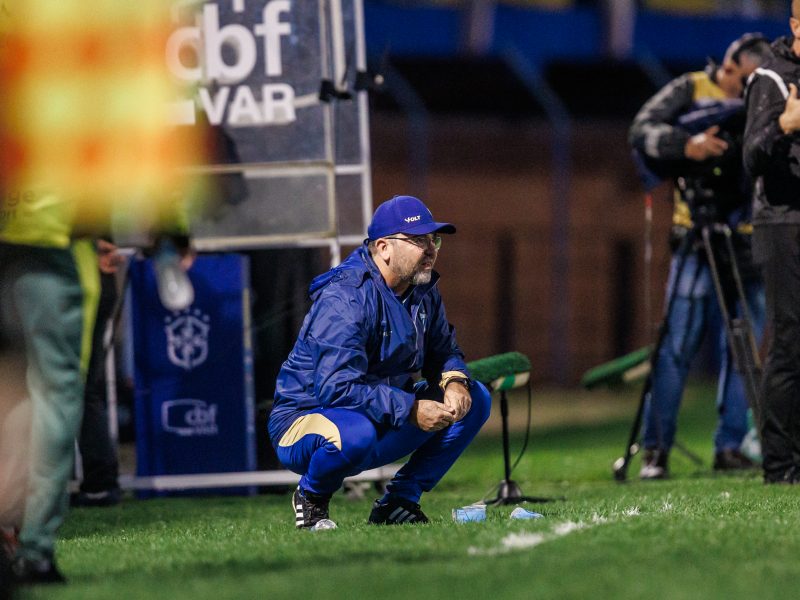 Enderson Moreira observa durante jogo do Avaí na Série B