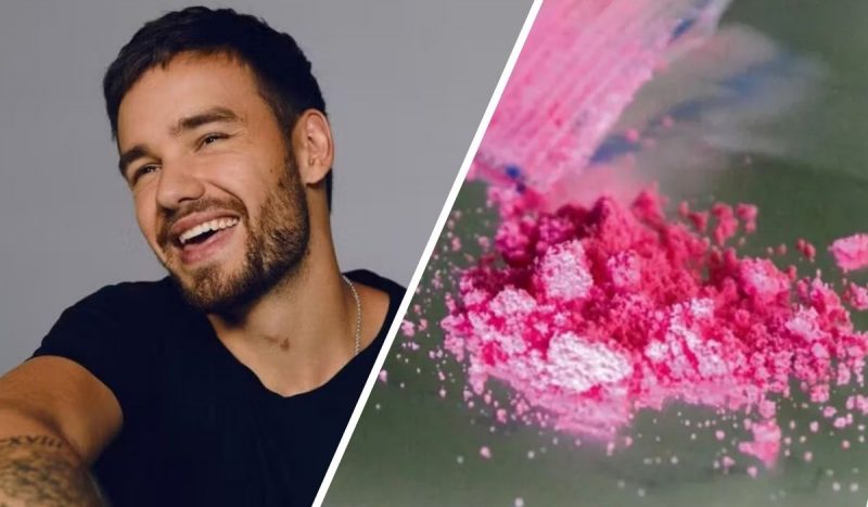 Fotomontagem com Liam Payne ao lado de uma substância conhecida como cocaína rosa