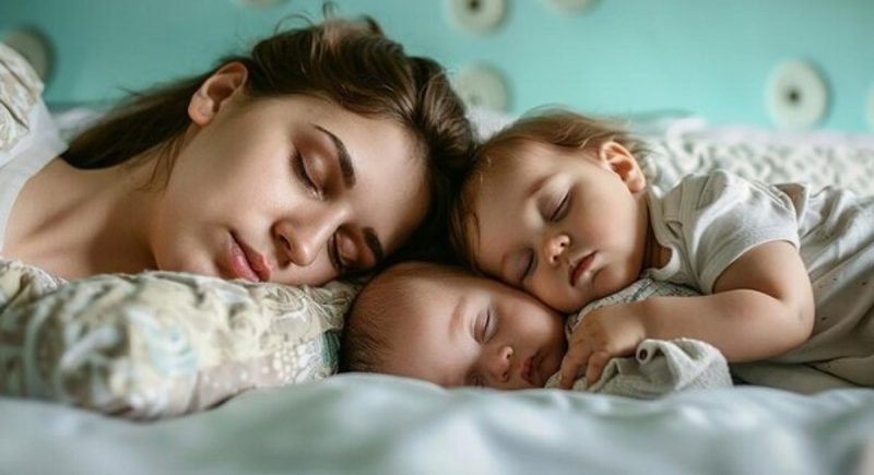 mãe dormindo com dois filhos bebês 