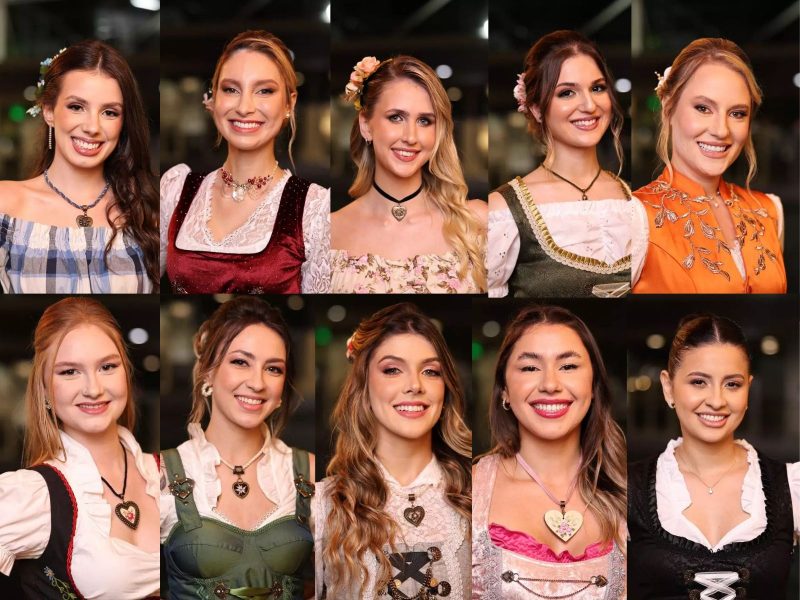 A montagem mostra as 10 candidatas que concorrem no concurso da realeza da Oktoberfest Blumenau